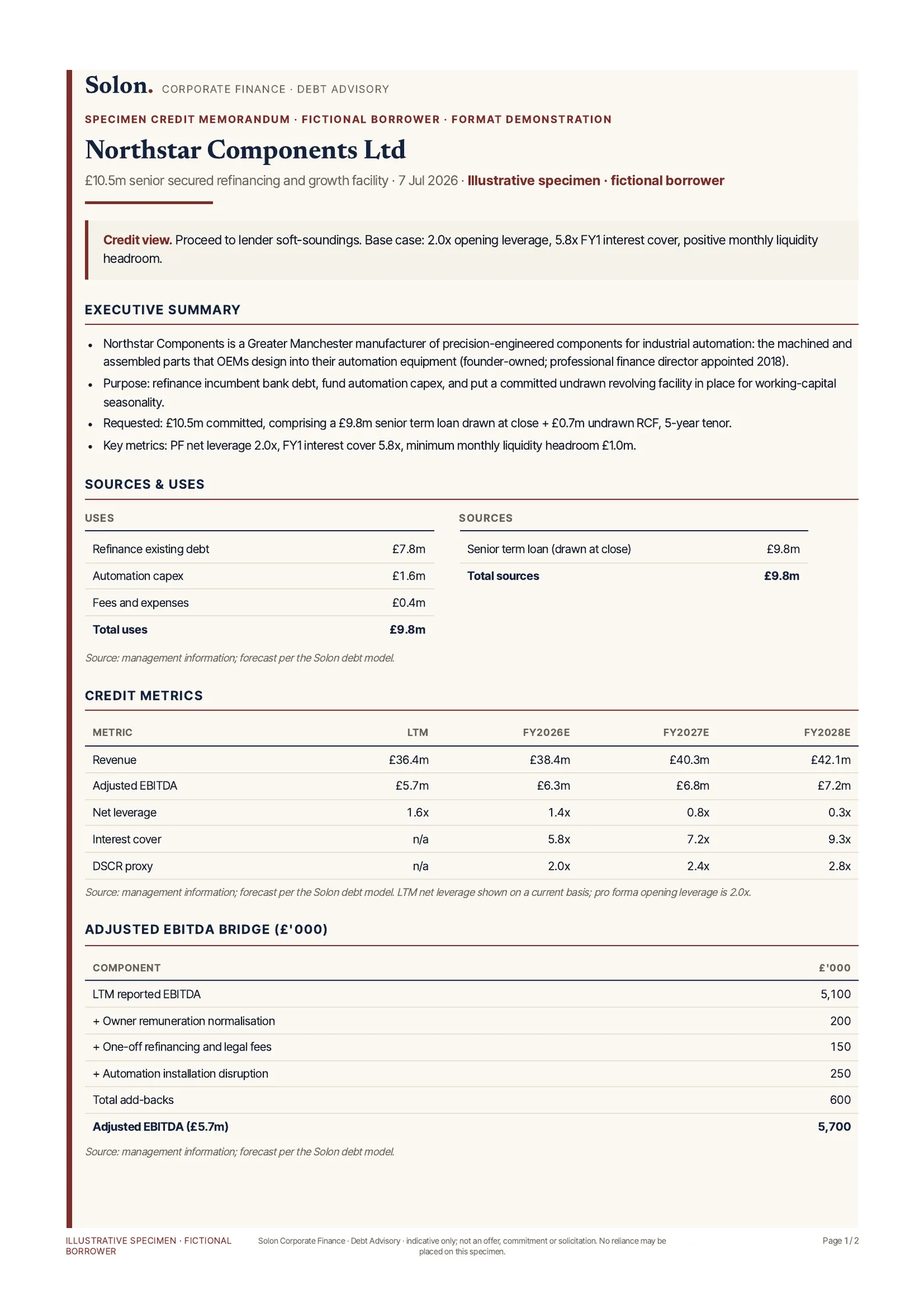Specimen credit memorandum, page 1