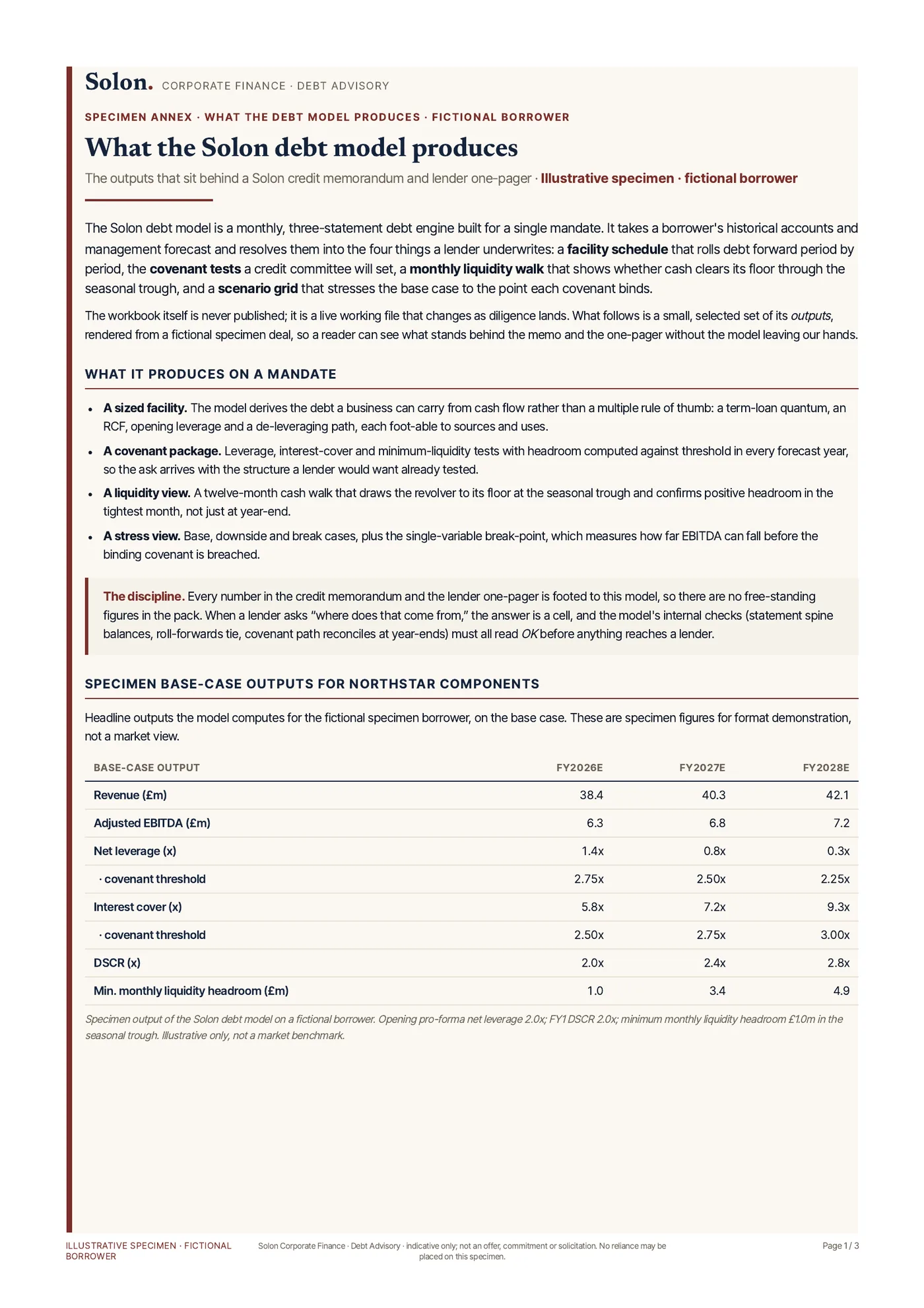 Specimen debt-model outputs, page 1